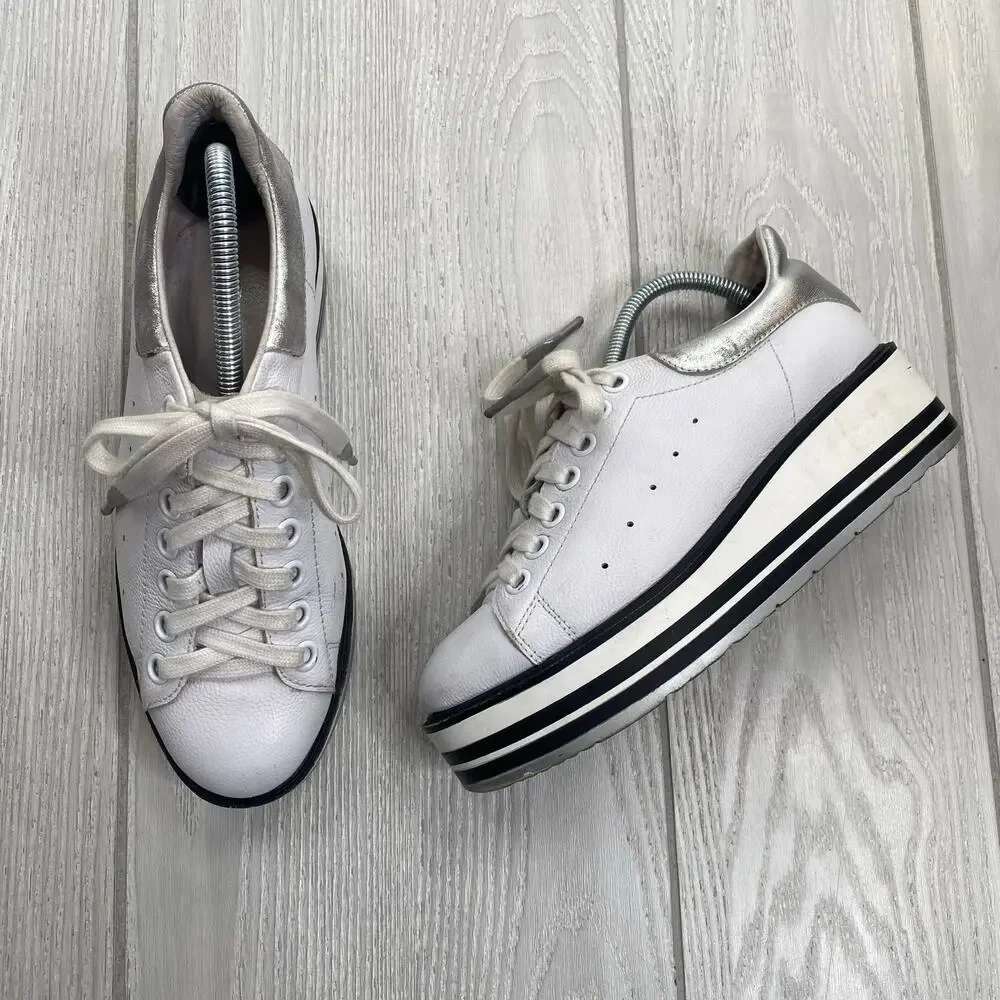 Silent D White & Black Leather Platform Lace Up Sneakers Size 37 US 6.5